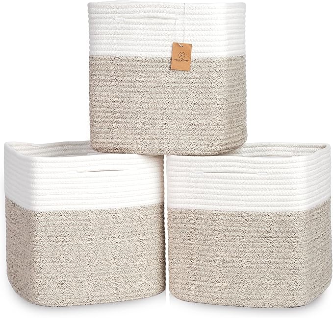 NaturalCozy 13 Inch Cube Storage Bins Cotton Rope Woven Baskets for Organizing 3-Pack | 13 x 13 Storage Cubes | Fabric Square Storage Baskets for Shelves Organizer, Kids Toy Bins, Closet Baby Nursery