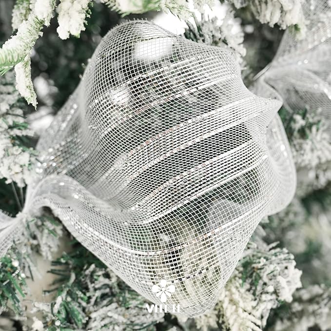 MEEDEE Silver Mesh Ribbon 10 Inch Deluxe Wide Foil Metallic Striped Deco Mesh Decorative Mesh Christmas Mesh Ribbon for Wreaths, Christmas Tree, Garland, Gift Wrapping, Bows Making (30 Feet)