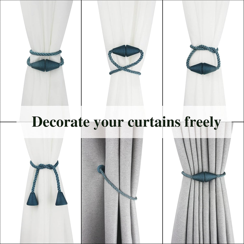 2 Pack Magnetic Curtain Tiebacks Rope Modern Handmade Curtain Tie Backs Decorative Drapes Weave Holdbacks for Window Décor, Blue