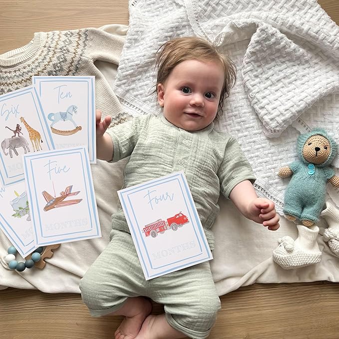 Boy Watercolor Milestone Cards - My First Monthly Milestone Cards,Blue Boy 12 Monthly Newborn Photos(Cards-1)