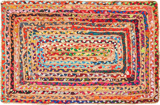 2'x3' Handwoven Jute Chindi Area Rug - Colorful Boho Rugs for Living Room - Hand Braided Multicolor Bohemian Rug for Farmhouse, Bedroom, Dining Room, Classroom, Hallway, Kitchen, Office
