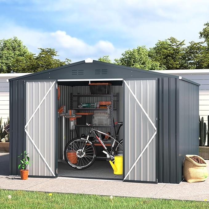 AECOJOY Shed 10'x10' Storage Shed, Large Metal Storage Sheds & Outdoor Clearance, Steel Backyard Shed with Lockable Doors, Utility and Tool Storage for Garden, Patio, Outside Use in Dark Grey