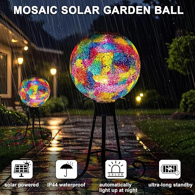 VOREEN Mosaic Solar Glass Gazing Ball, 10 Inch Colorful Gazing Globe, Handmade IP44 Waterproof Garden Decor Outdoor Ornament Sphere for Patio Lawn Yard, Gift for Mom Wife Friend