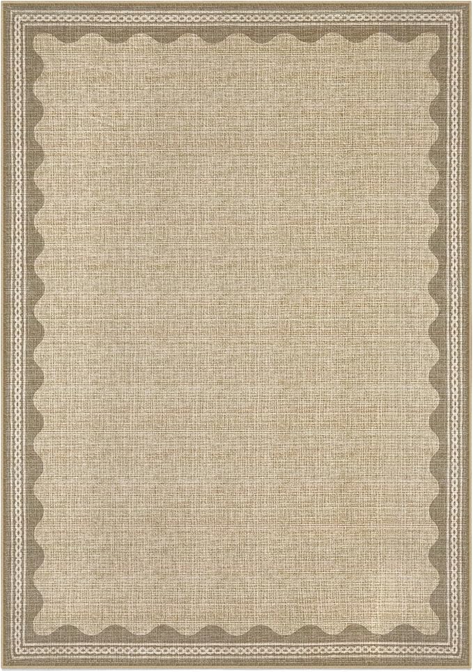 Scalloped Washable Rug 10x13 Area Rugs for Living Room, Solid Tan Rug for Bedroom Girls, Non Slip Throw Carpet with Rubber Back, Soft Dorm Nursery 10x13 Scalloped Rugs for Dining Room