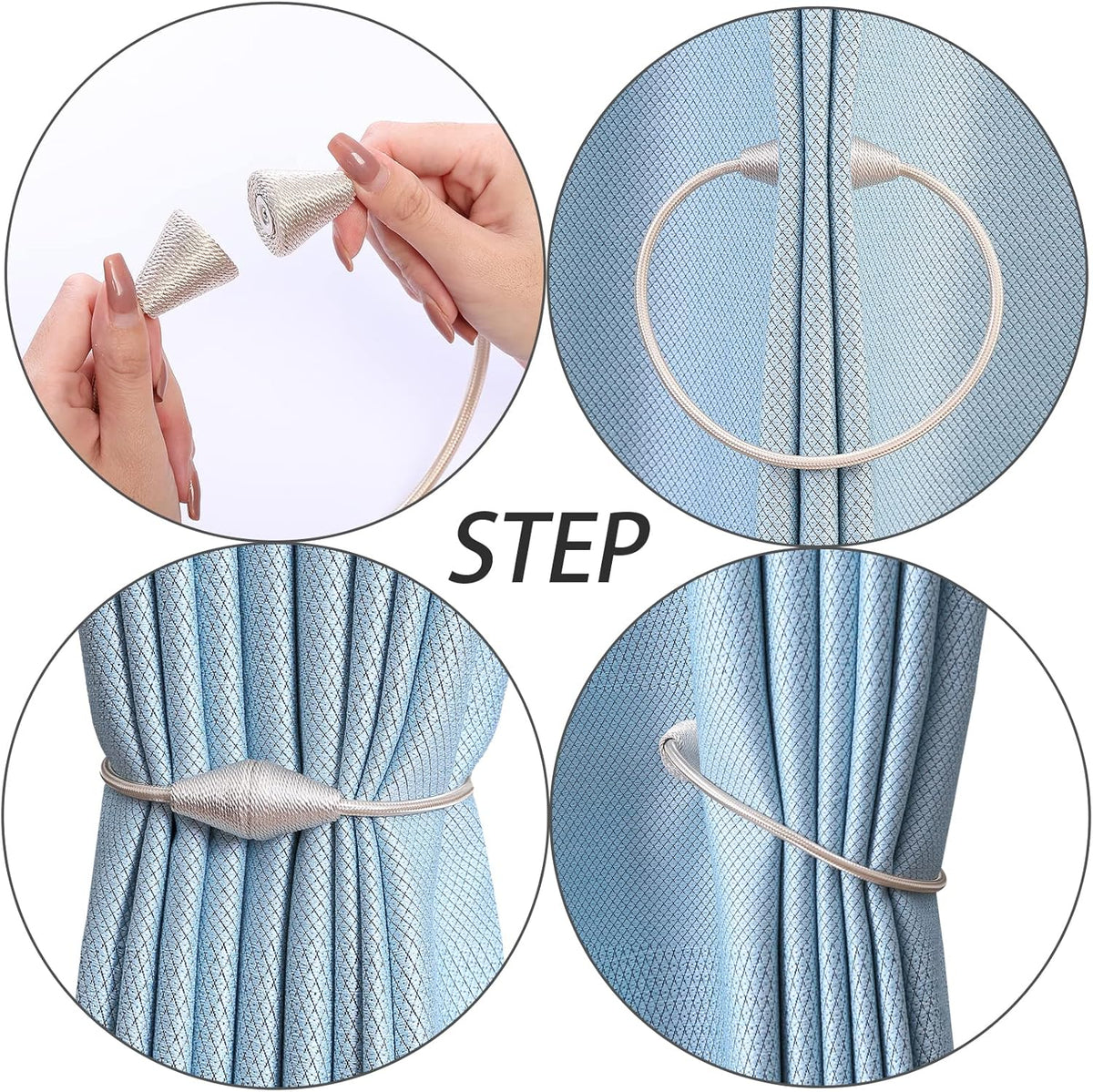 2 PCS Magnetic Curtain Tiebacks, European Style Convenient Drape Tie Backs Holdbacks for Thin or Thick Home & Office Window Draperies, No Tools Required（Beige）