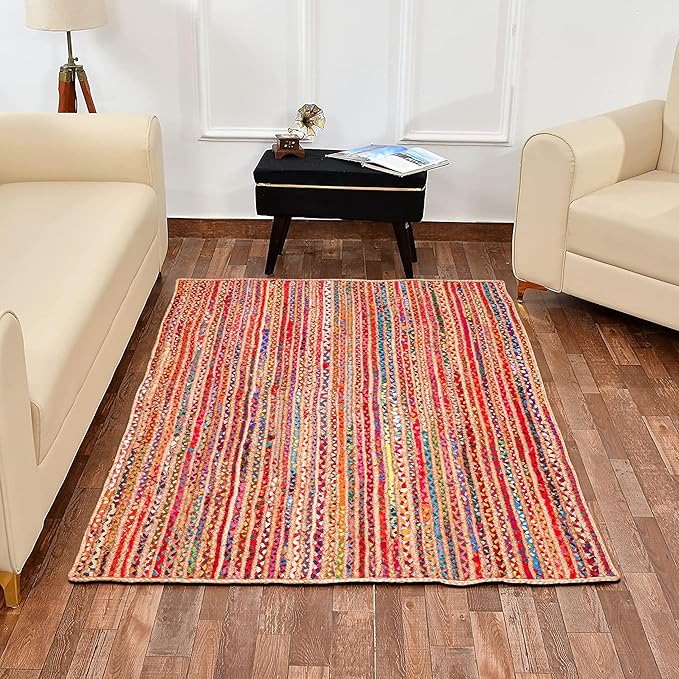 3'x5' Handwoven Jute Chindi Area Rug - Colorful Boho Rugs for Living Room - Hand Braided Multicolor Bohemian Rug for Farmhouse, Bedroom, Dining Room, Classroom, Hallway, Kitchen, Office
