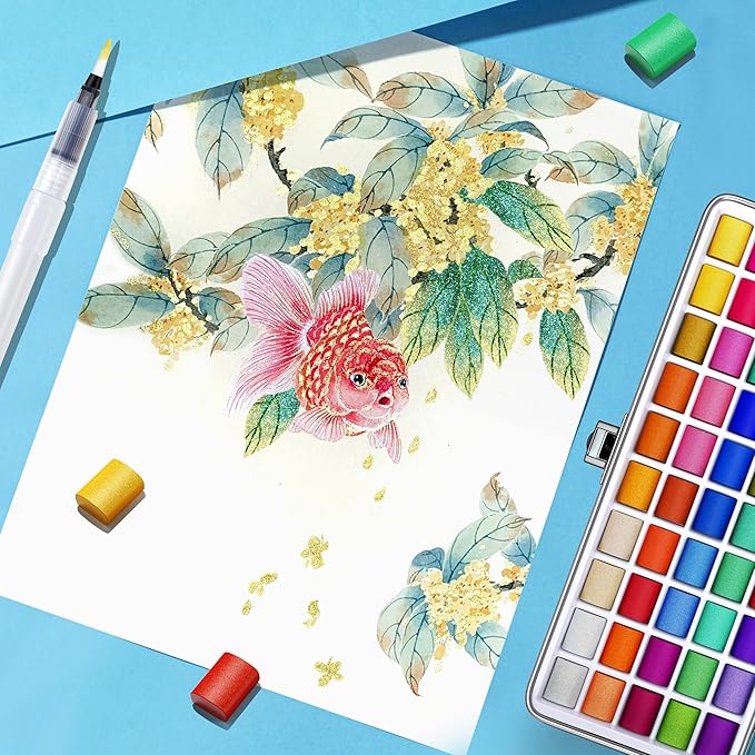 Caliart Metallic Watercolor Paints, 50 Colors Glitter Watercolors Set with 1 Brush, Portable Travel Painting Kit Gifts for Adults Artists Kids Teen Girls Boys Art Supplies