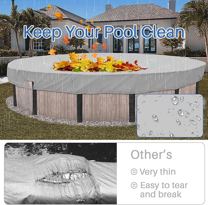 ECOOPTS 10 ft Waterproof Round Polyester Pool Cover for Above Ground Pools, Swimming Pool Cover Protector Winter Safety Cover (Light Grey)