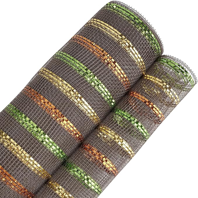 MEEDEE Fall Deco Mesh 10 Inch Rolls Brown Basic Mesh with Deluxe Wide Foil Orange & Yellow & Lime Metallic Striped Deco Mesh for Wreaths, Garland, Christmas Tree, Gift Wrapping, Bows Making (30 Feet)