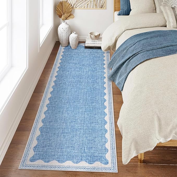 Scalloped Rug 2.5x8 Runners for Hallways, Solid Blue Runner Rugs Non Slip Scalloped Bath Runner, Washable Mat for Bedroom Girls, Rugs for Kitchen Floor Soft Dorm Nursery Carpet for Bedside