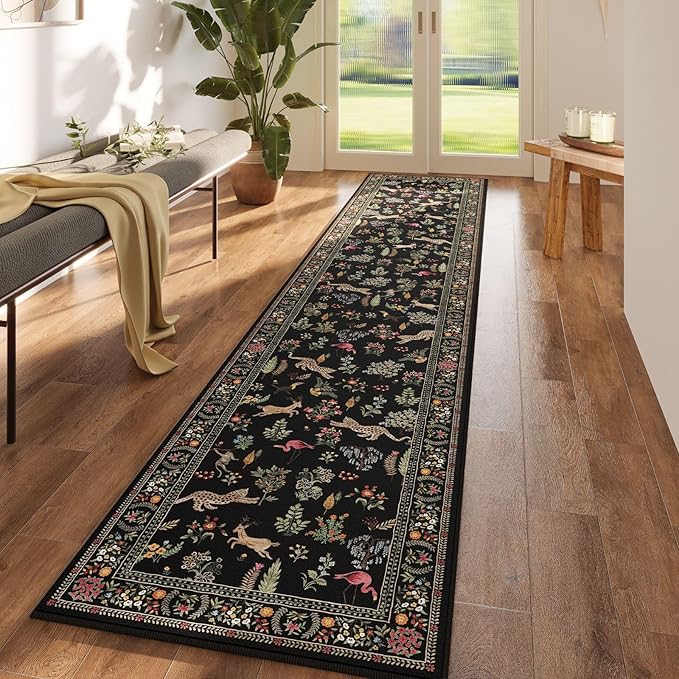 Rugcomf Runners for Kitchen Runner Rug Non Slip 2'x10' Long Washable Rugs with Rubber Backing Soft Floral Animal Carpet Runner for Kitchen, Laundry, Bedroom, Bathroom (Black)