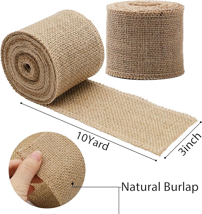LaRibbons 2 Pcs 3 Inch Burlap Wide Fabric Craft Ribbon,10 Yard Per Roll, Natural Brown Ribbon for Bow Crafting,Wreath-Making, Tree Decoration