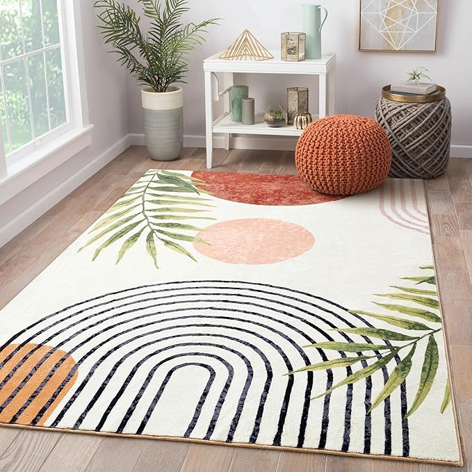 RoomTalks Boho Cute 3x5 Small Area Rugs Washable, Modern Abstract Geometric Shape with Tropical Leaves Non Slip Throw Rugs for Bedroom Kitchen Entryway Indoor Botanical Accent Carpet