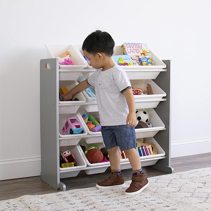 Humble Crew Kids Toy Storage Organizer with 12 Plastic Bins, Grey/White – Removable Bins for Playroom, Bedroom, Toddler Furniture for Boys and Girls Ages
