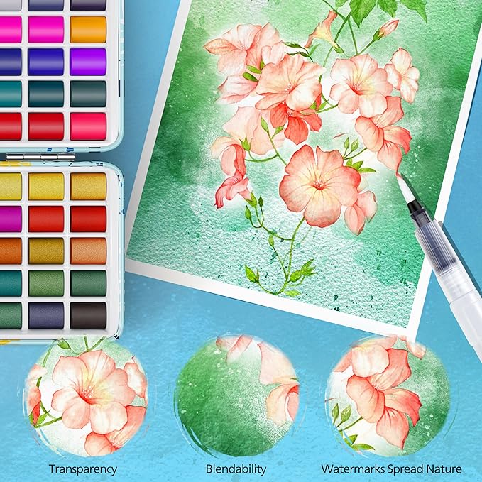 50 Colors Watercolor Paint Set with 6 Brushes, Portable Travel Water Color Kit with Carrying Case, Palette and Accessories, Non-Toxic Art Supplies Gift for Artists Adult Teen Kids Girls Boys