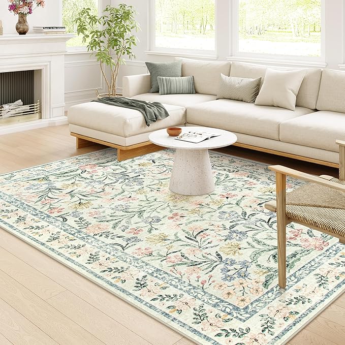 Wonnitar Large Washable 8x10 Rug, Boho Living Room Rug 8 x 10, Soft Floral Carpet for Bedroom Non Slip, Indoor Soft Beige Carpets for Dining Room Apartment Office