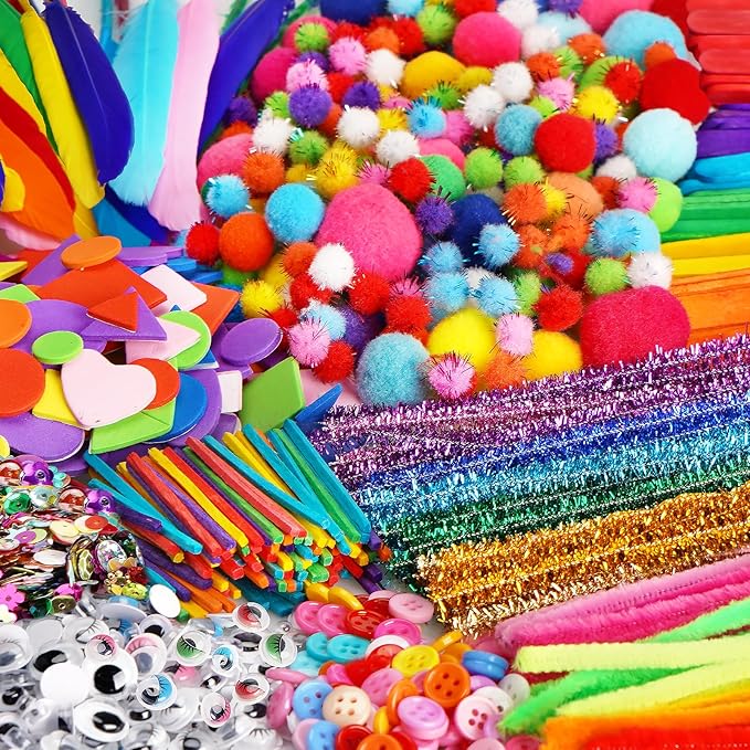 FUNZBO 2000Pcs+ Arts & Crafts Supplies Kits for Kids, DIY Craft Supplies for Toddlers Art Supply Tools Set Include Pipe Cleaners,Pom Poms and Feather, Crafts Birthday Gifts for Kid Girls Ages 4-8-12