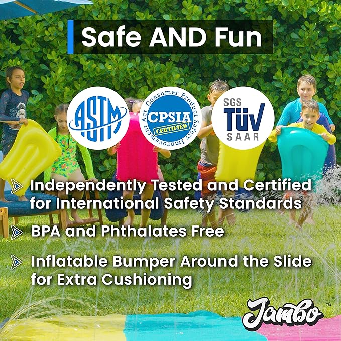 JAMBO XL 20Ft Premium Slip Splash and Slide with 3 Bodyboards, Heavy Duty Water Slide- Advanced 3-Way Water Sprinkler System, Backyard Waterslide Outdoor Water Toys n Slides for Kids Splash Pad
