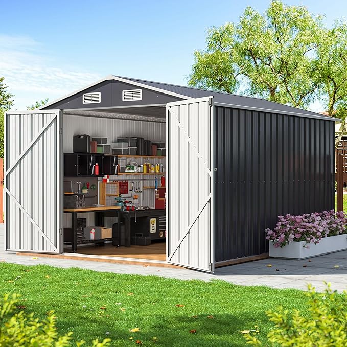 8x12 FT Outdoor Storage Shed, Metal Garden Tool Shed with Updated Frame Structure and Lockable Doors, Ideal for Backyard Garden Patio Lawn, Grey