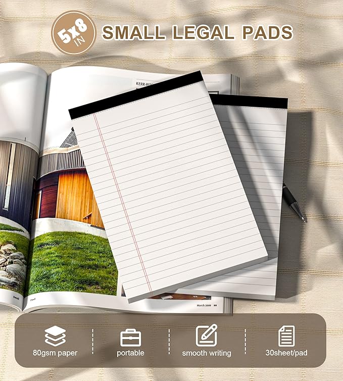 Note Pads 5x8 Small Legal Pads White Notepad, 6 Pack, Narrow Ruled Notepads, Micro Perforated Legal Writing Pads Memo Pad, 30 Sheet/Note Pad, Notebook Paper Tablet for School, Lined Legal Pad 5x8''