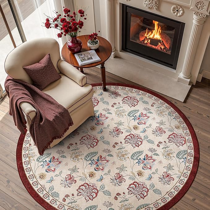 jinchan 5ft Floral Round Rug for Entryway Washable Kitchen Rug Vintage Romance Design Non Slip Indoor Doormat Lightweight Low-Profile Throw Carpet for Living Room Dining Room Bedroom, Red/Beige
