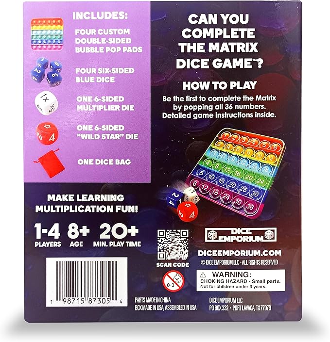 Matrix Dice Game – Pop-and-Play Bubble Pad Educational Math Dice Game – Fun Math Games for Kids 8–12, Teens, Adults, and Seniors – Ideal for Classrooms and Family Board Game Night for 2-4 Players