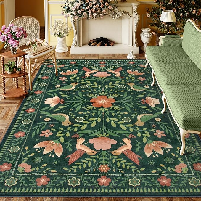 Moynesa Boho Bird 9x12 Area Rug Washable Living Room Rug, Low-Pile Green Floral Bedroom Rugs for Living Room Stain Resistance, Vintage Soft Large Rug for Kids Playroom Nursery