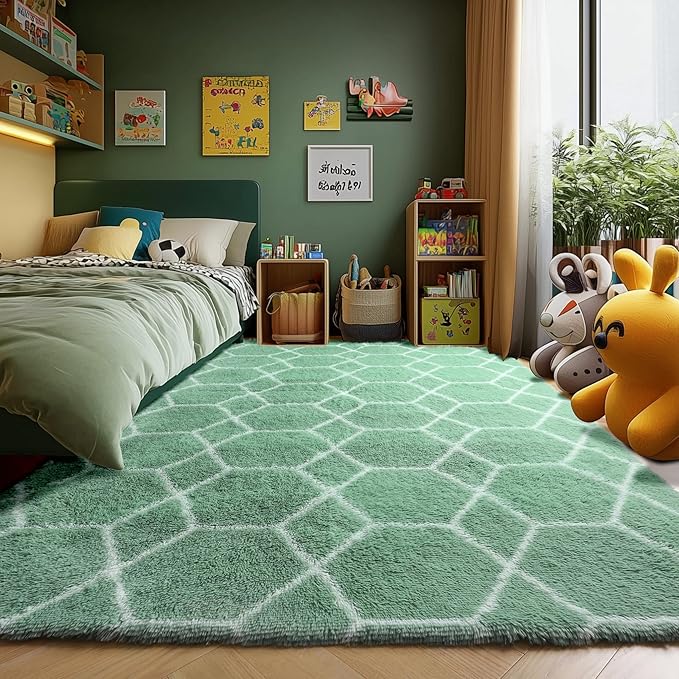 ONASAR Area Rugs for Bedroom Living Room, Washable 4x6 Fluffy Sage Green and White Throw Rug, Shaggy Geometric Floor Mat for Home Decor Aesthetic, Soft Plush Fuzzy Carpet for Nursery Kids Teen Dorm