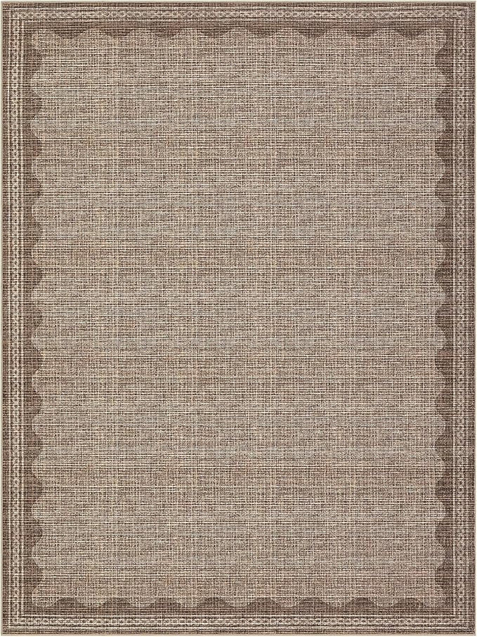 Scalloped Washable Rug 9x12 Area Rugs for Living Room, Solid Tan Rug for Bedroom Girls, Non Slip Throw Mat with Rubber Back, Soft Dorm Nursery 9x12 Carpet for Dining Room