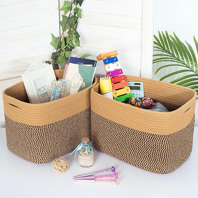 MINTWOOD Design 3-Pack Storage Baskets for Shelves, Decorative Baskets for Organizing, Woven Baskets for Storage, Book Basket Cube Storage Bin Box, Pantry Closet and Shoe Organizers, Black Jute