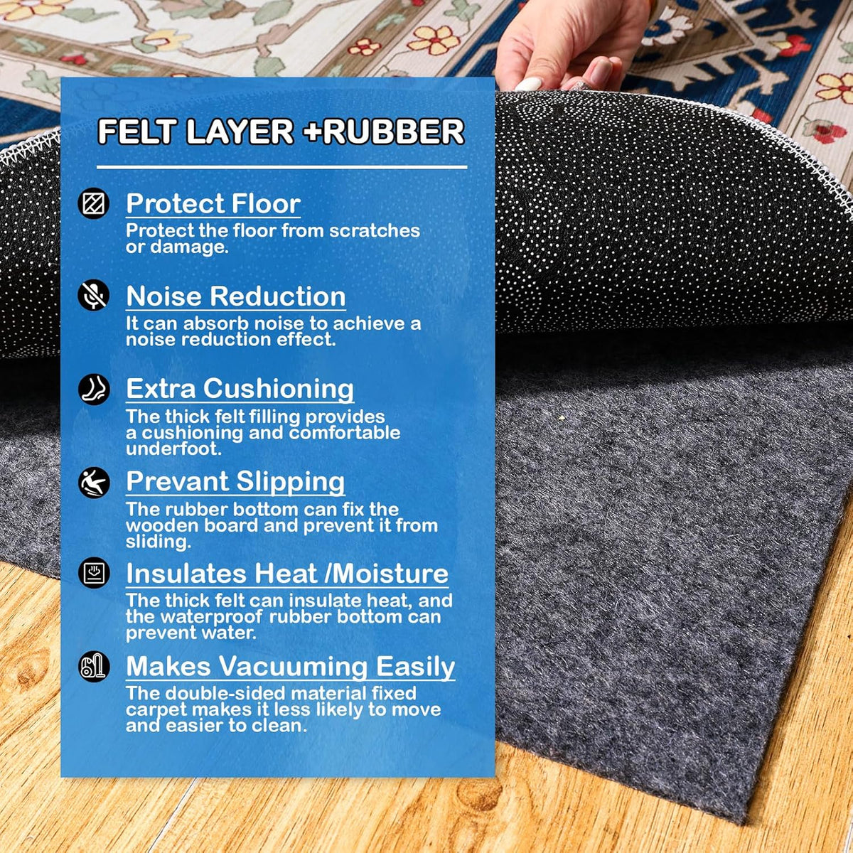 Non-Slip Rug Pads 10 x 14 ft, 100% Waterproof Extra Large Area Rugs Non Skid Rug Pad for All Floors and Finishes Durable Hardwood Floor Protective Felt Keeps Rugs in Place, Safe and Secure