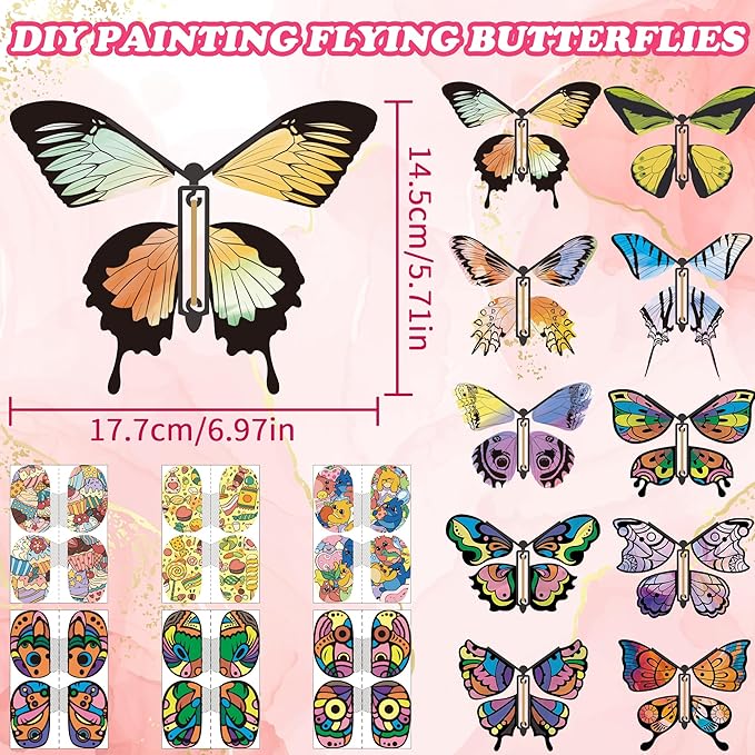 JOY SPOT! 28 Pack DIY Butterfly Craft Kit for Kids, 16 Paper Butterflies and 13 Color Pens, Make Your Own Rubber Band Wind Up Butterfly Toy, Perfect for Party Games, School Activities, Surprise Cards
