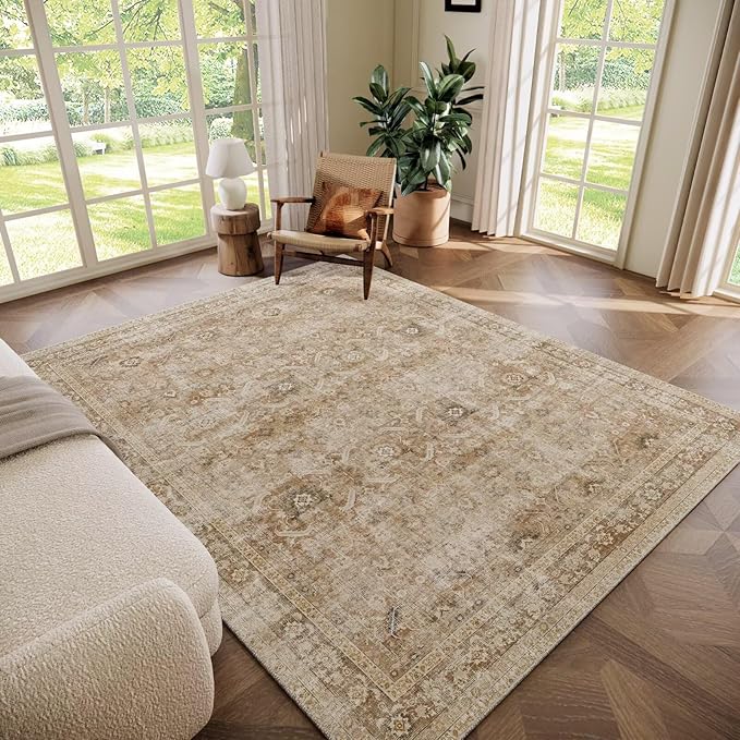 Washable 5x7 Area Rugs for Living Room, Boho Non-Slip Silicone Backing Rugs for Bedroom Dining Room Nursery Office, 0.3" Neutral Oriental Throw Carpet with 0.16" Cushioning Pad, Brown/Multi