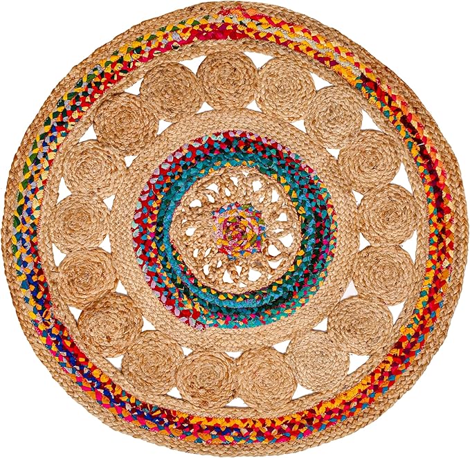 4' Round Handwoven Jute Chindi Area Rug - Colorful Boho Rugs for Living Room - Hand Braided Multicolor Bohemian Rug for Farmhouse, Bedroom, Dining Room, Classroom, Hallway, Kitchen, Office