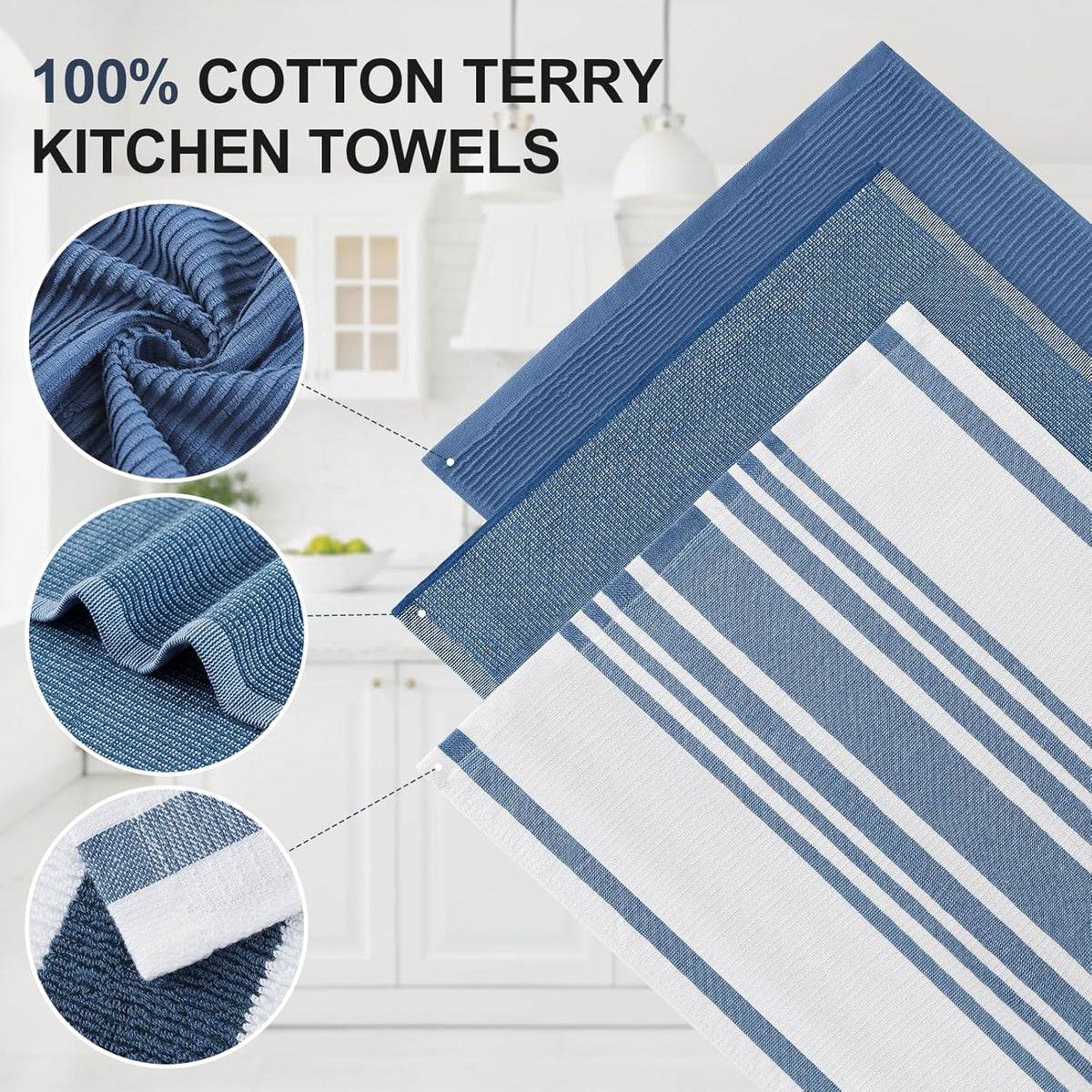 Homaxy Premium Kitchen Towels(18”x 28”, 12 Pack), Large Cotton 380 GSM Kitchen Hand Towels, Soft and Absorbent Terry Dish Towels, Multipurpose Tea Towel Set with Hanging Loop, Navy Blue