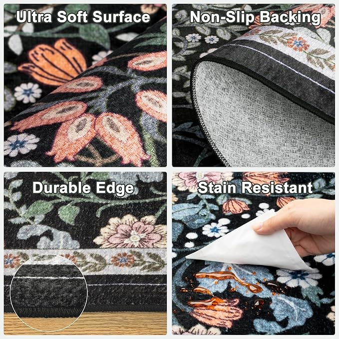 Runner Rug for Entryway: 2x10 Kitchen Rugs Non Slip Washable Ultra Soft Floral Carpet Indoor Stain Resistant Carpets for Hallway Bedroom Kitchen Laundry Bathroom Dorm Dark Black