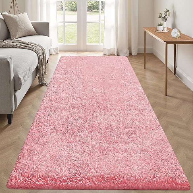 2x6 Runner Rug for Bedroom: Fluffy Shag Soft Washable Rugs Small Fuzzy Plush Indoor Carpet for Hallway Bedside Dorm Kids Girls Boys Room (Pink, 2'x6')