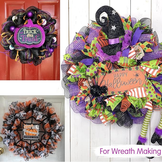 TONIFUL 10 Inch 3 Rolls Black/Orange/Purple Decorative Mesh Ribbons, Fabric Mesh for Tree Home Front Door Wreaths Decorations Supplies, for Halloween Decorations（3 Colors, 10yards/ roll）