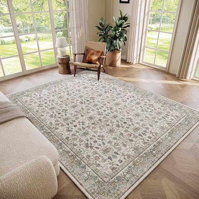 Washable 6x9 Area Rugs for Living Room, Boho Non-Slip Silicone Backing Large Rugs for Bedroom Dining Room Nursery Office, 0.3" Neutral Oriental Throw Carpet with 0.16" Cushioning Pad, Cream/Multi