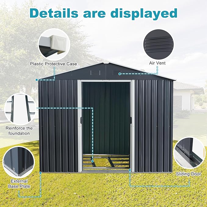 Sheds & Outdoor Storage 8ft x 10ft Metal Storage Shed with Metal Foundation, Gloves, Anchors, Tools Garden Tool Storage Cabinet with Secure Sliding Doors with Padlock for Backyard, Black