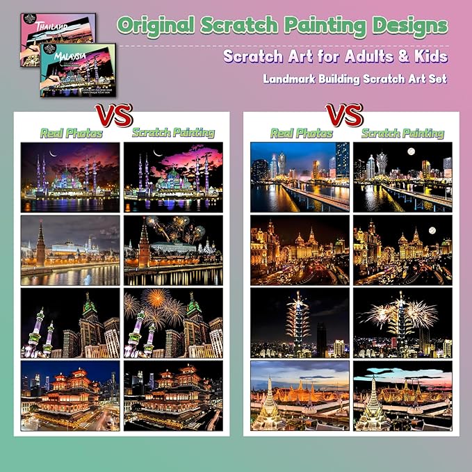 Scratch Art Painting Kit for Adults-8 Sheets A4 Rainbow Scratch Painting Paper Craft Set with City Landmarks|Stress Relief Gift for Travel&Craft Lovers|Scratch Art Home Decor(Asian Series)