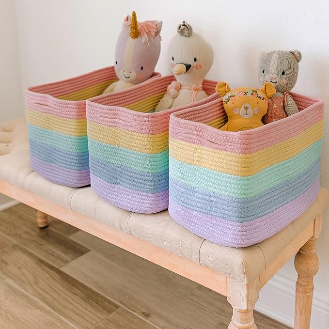 OrganiHaus Set of 3 Cute Rainbow Storage Basket for Toys & Cloths, Cotton Rope Basket for Decor, Shoe Basket Organizers, Decorative Pastel Storage Bins, Woven Storage Baskets for Organizing