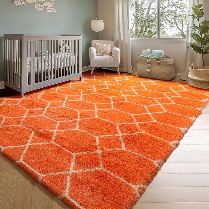 ONASAR Rugs for Living Room Bedroom, 5x8 Washable Fluffy Orange and White Area Rug, Geometric Boho Soft Plush Shaggy Fuzzy Floor Carpet for Nursery Kids Girls Boys Teen Dorm Home Decor Aesthetic