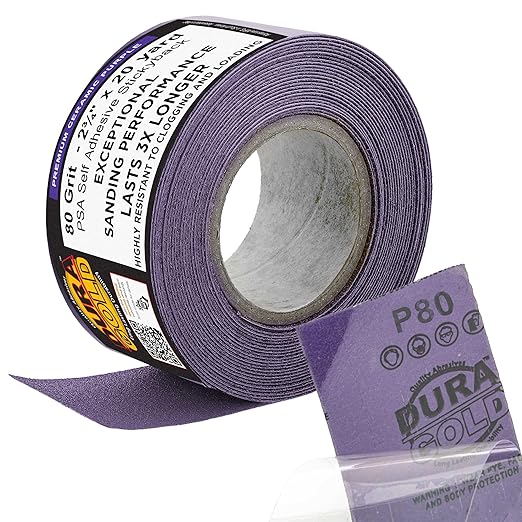 Dura-Gold Premium 80 Grit PSA Purple Film Ceramic Longboard Sandpaper, 2-3/4" Wide Continuous 20 Yard Roll - Self Adhesive Stickyback for Auto & Wood Air File Long Board Sanders, Hand Sanding Blocks