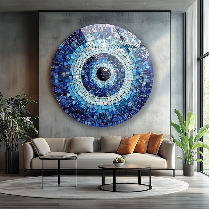 My Photostation.com 10''(25cm) Diameter Blue Mosaic Evil Eye Round Glass Wall Art Tempered Glass Printing Wall Decor Large Wall Art Wall Hangings