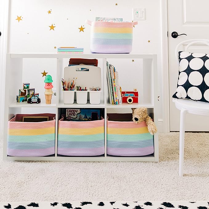 OrganiHaus Set of 3 Cute Rainbow Storage Basket for Toys & Cloths, Cotton Rope Basket for Decor, Shoe Basket Organizers, Decorative Pastel Storage Bins, Woven Storage Baskets for Organizing