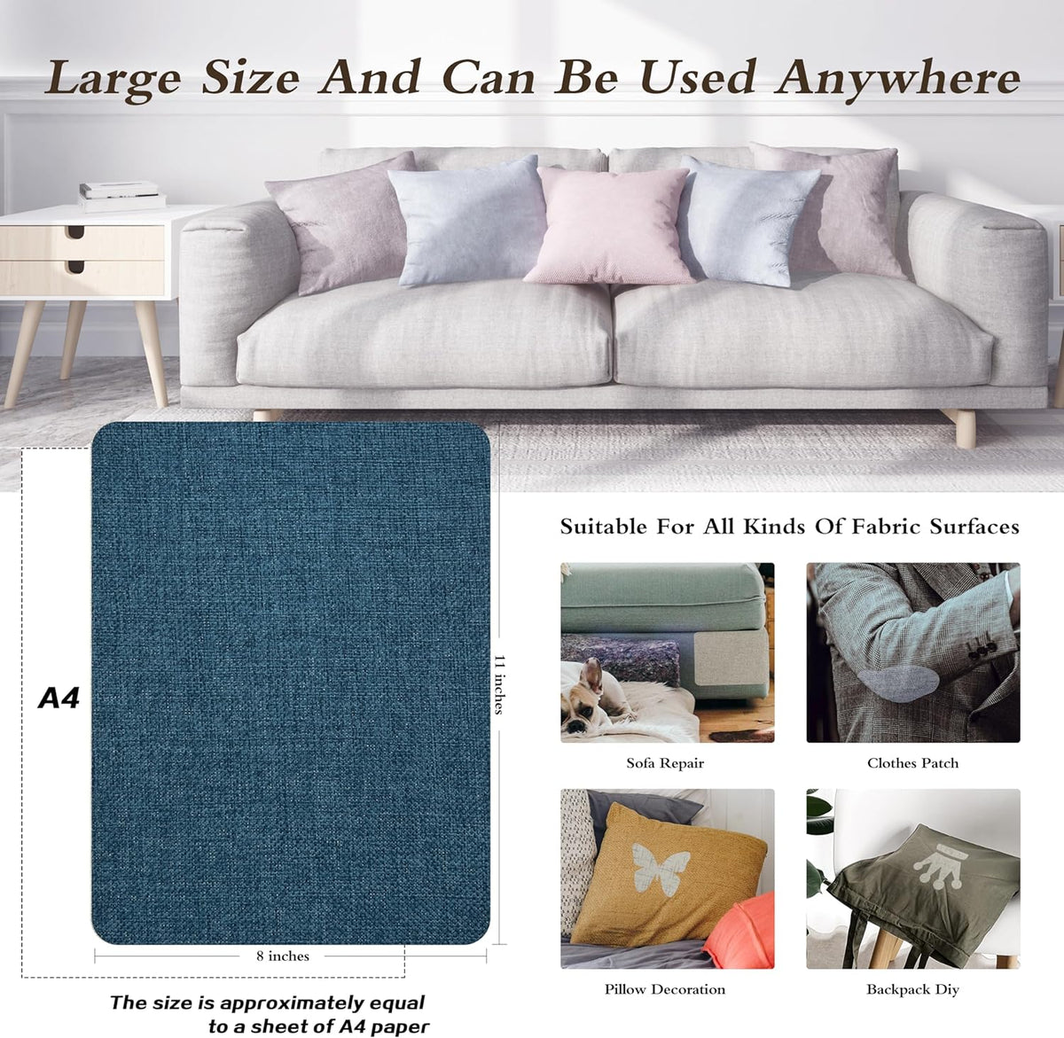 Coarse Linen Repair Patches, Self-Adhesive Linen Fabric Patches, 8X11 inch Extra Size, Multi Color, Can be Used for Linen Sofa Repair and Linen Clothes Repair(8" x 11",Dark Blue)