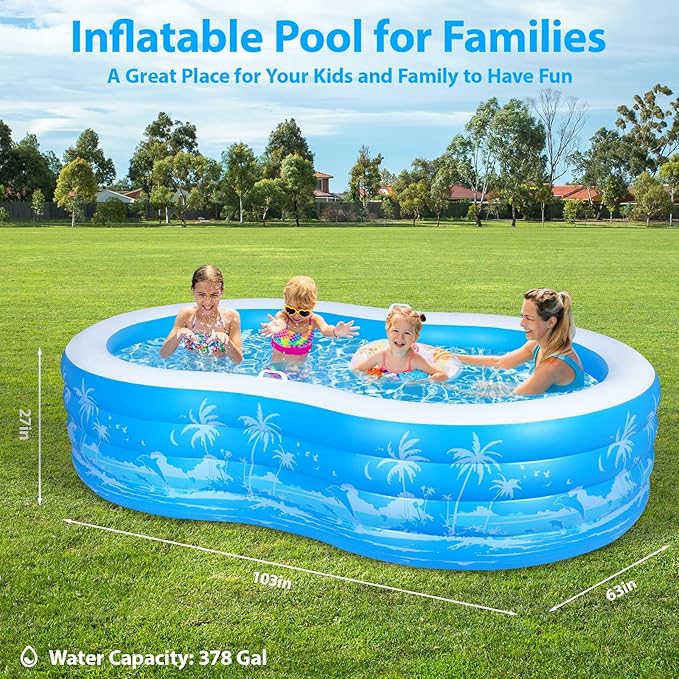 Inflatable Swimming Pool, 102” x 63” x27” Full-Sized Large Inflatable Pool with Seats Handles, Extra Large Blow Up Durable Thickened Pools for Outdoor, Garden, Backyard.