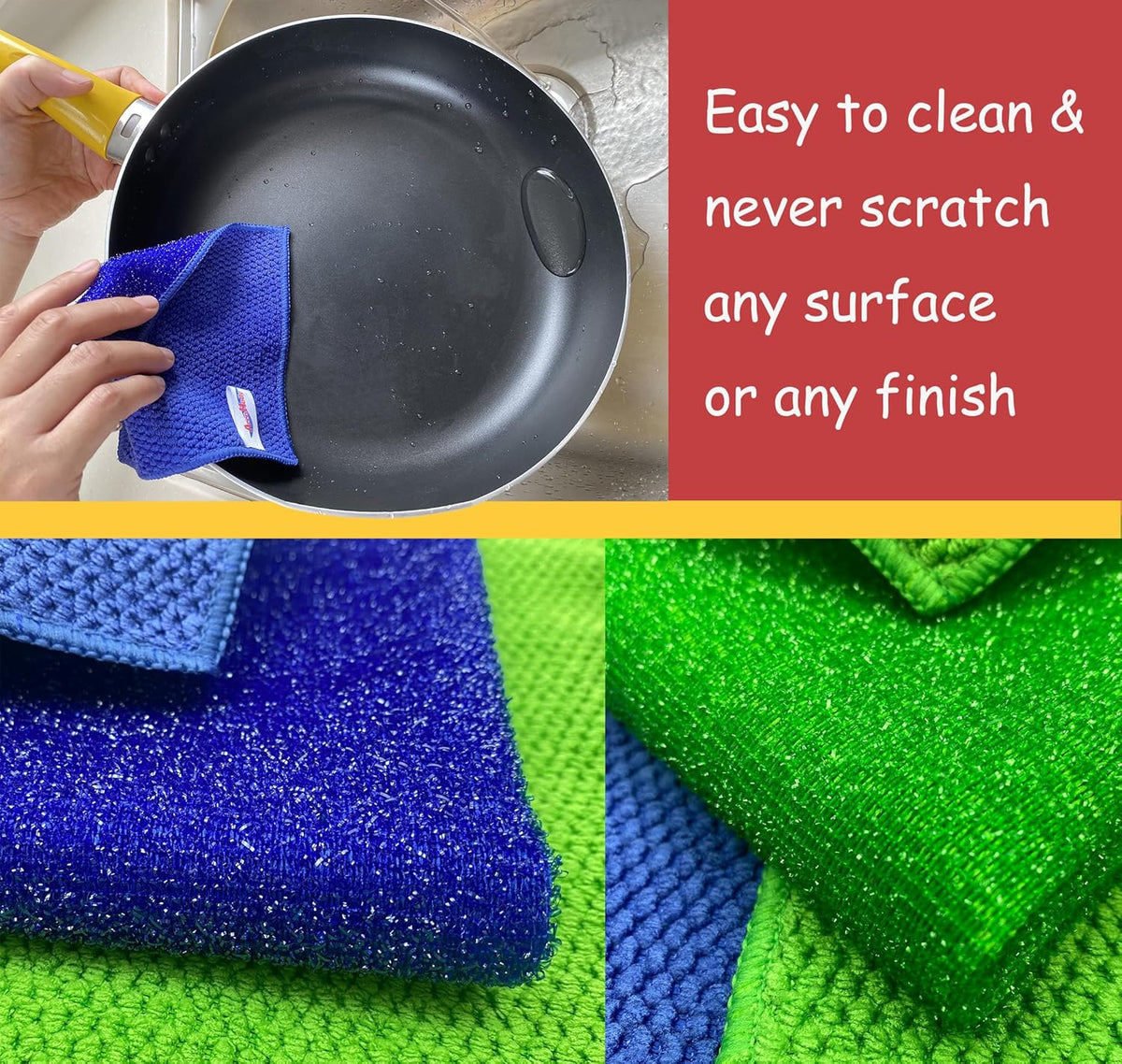 12 Pack Microfiber Scrub Dish Cleaning Cloth, Non-Scratch, Reusable & Durable for Pan Pot Dish Cooktop Stovetop Counter Kitchen Household, Machine Washable, 5.5 x 5.5 Inch, Blue & Green Assorted