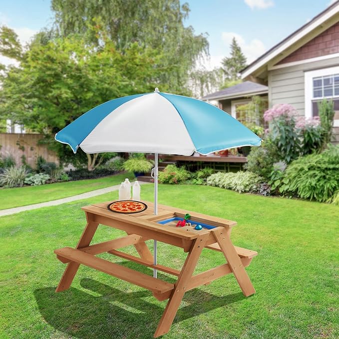 Casafield Children's Sand and Water Activity Table, 3-in-1 Wooden Outdoor Picnic Table with Umbrella, 2 Play Boxes and Removable Lid, Natural